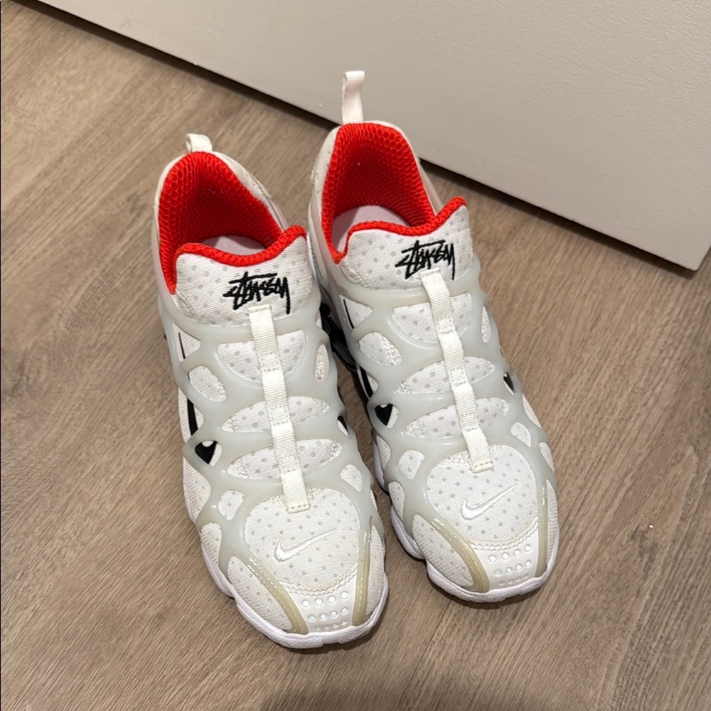 Stussy White and Red Sneakers with Mesh Upper